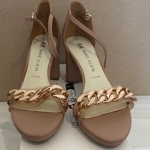 Anne Klein Rose Blush Block Heel Sandals with Gold Chain